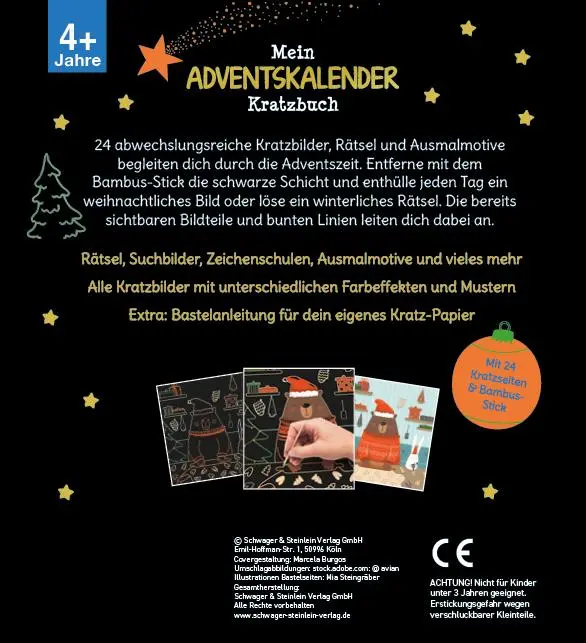 Rückseite: 9783849946173 | Mein Adventskalender-Kratzbuch | Mit 24 Kratzseiten &amp; Bambusstick