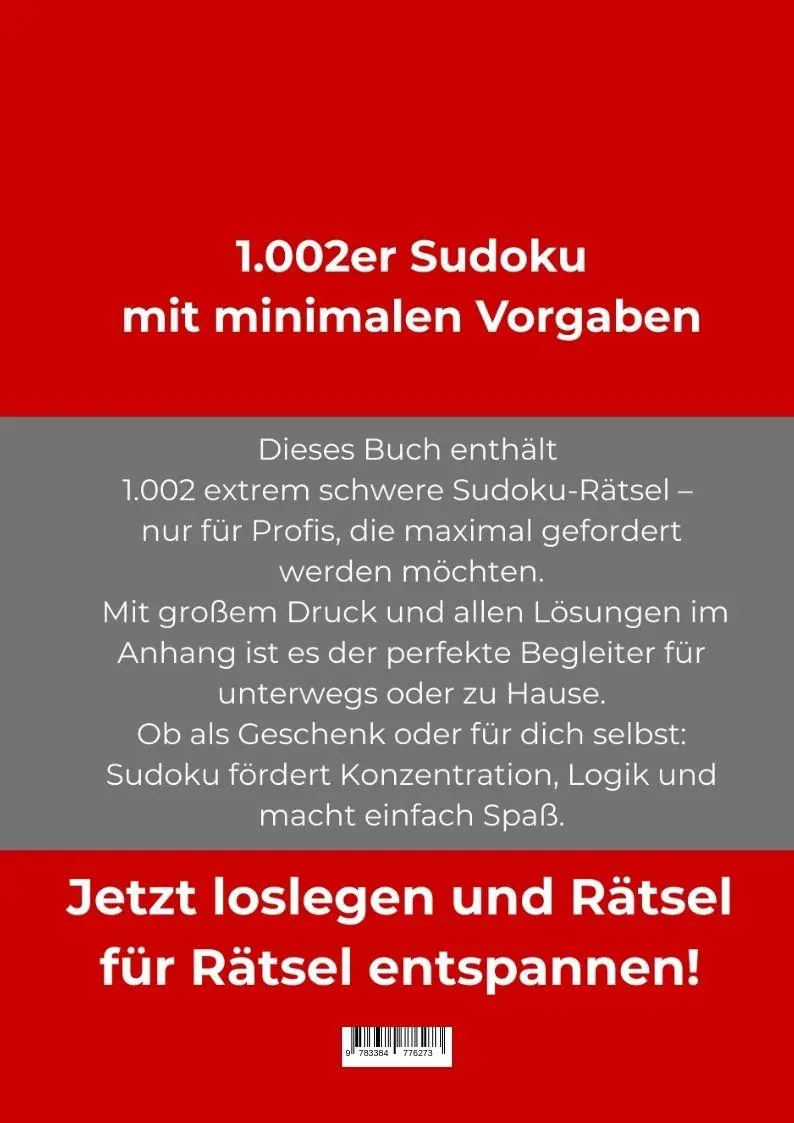 Rückseite: 9783384776273 | 1.002er Sudoku extrem schwer | Thomas Röhrer | Taschenbuch | 260 S.
