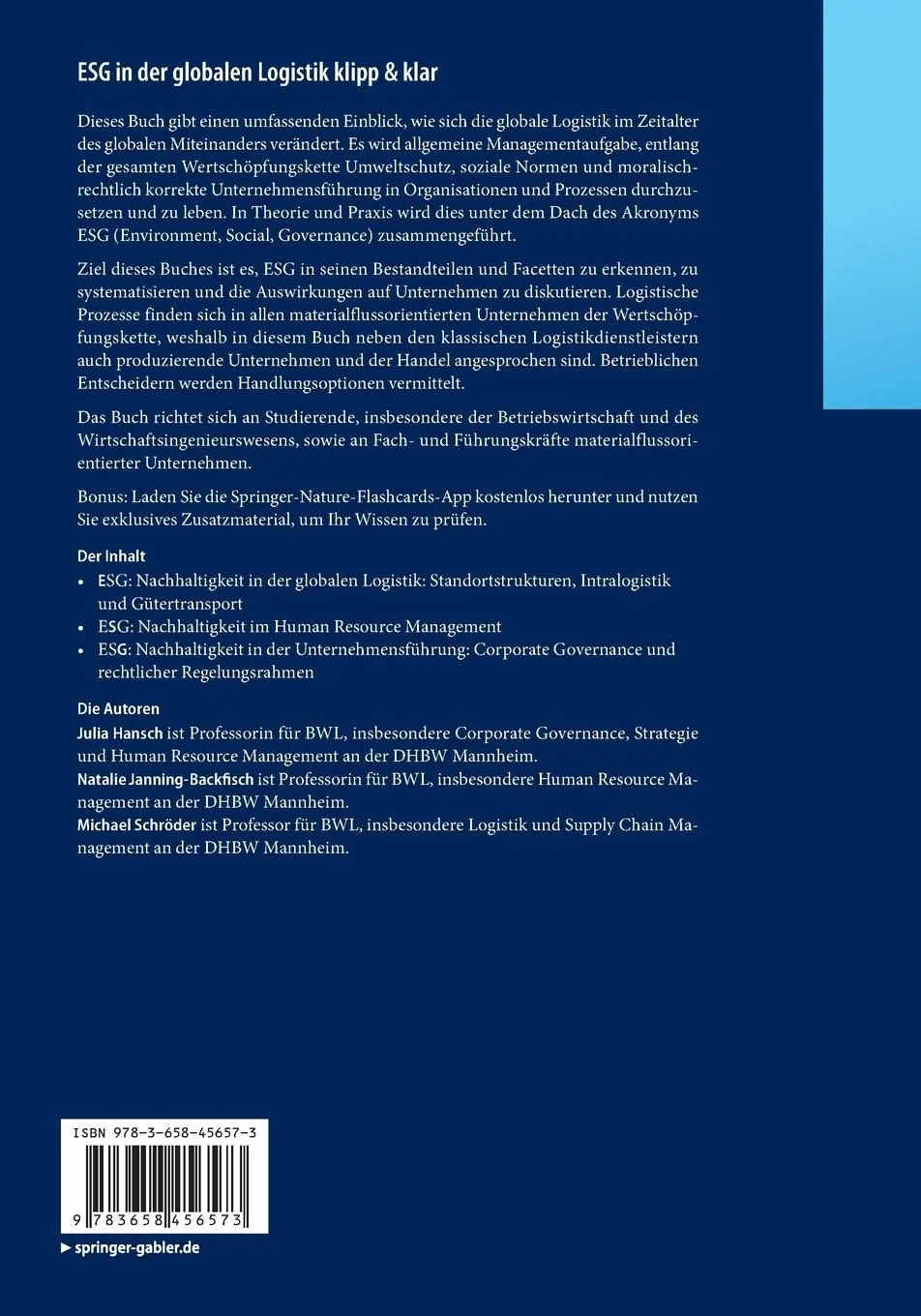 Rückseite: 9783658456573 | ESG in der globalen Logistik klipp &amp; klar | Julia Hansch (u. a.)
