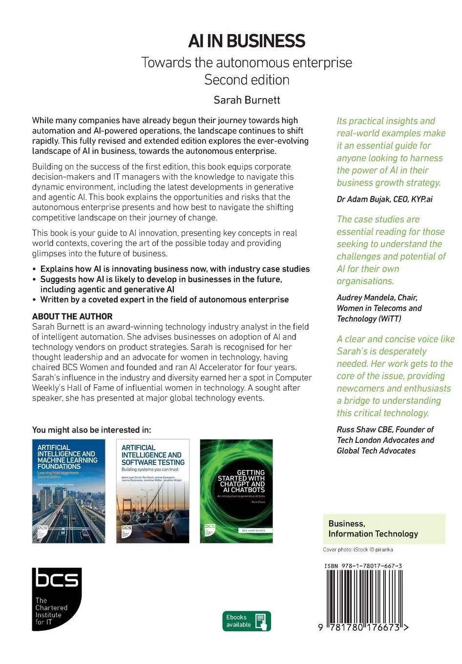 Rückseite: 9781780176673 | AI in Business | Towards the autonomous enterprise | Sarah Burnett