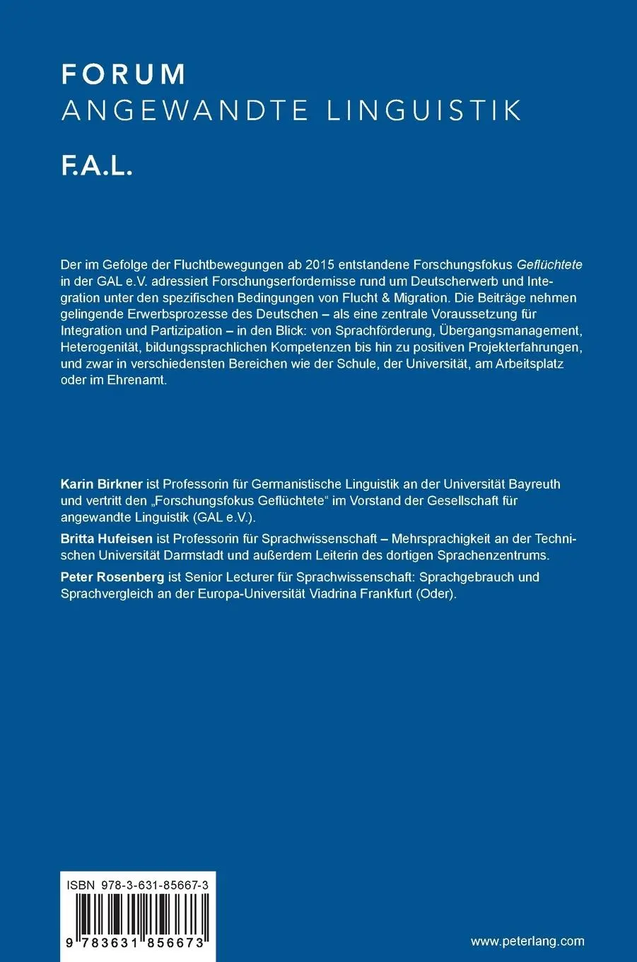 Rückseite: 9783631856673 | Spracharbeit mit Geflüchteten | Karin Birkner (u. a.) | Buch | 412 S.