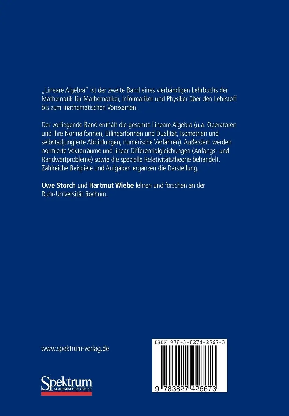 Rückseite: 9783827426673 | Lehrbuch der Mathematik, Band 2 | Lineare Algebra | Wiebe (u. a.)