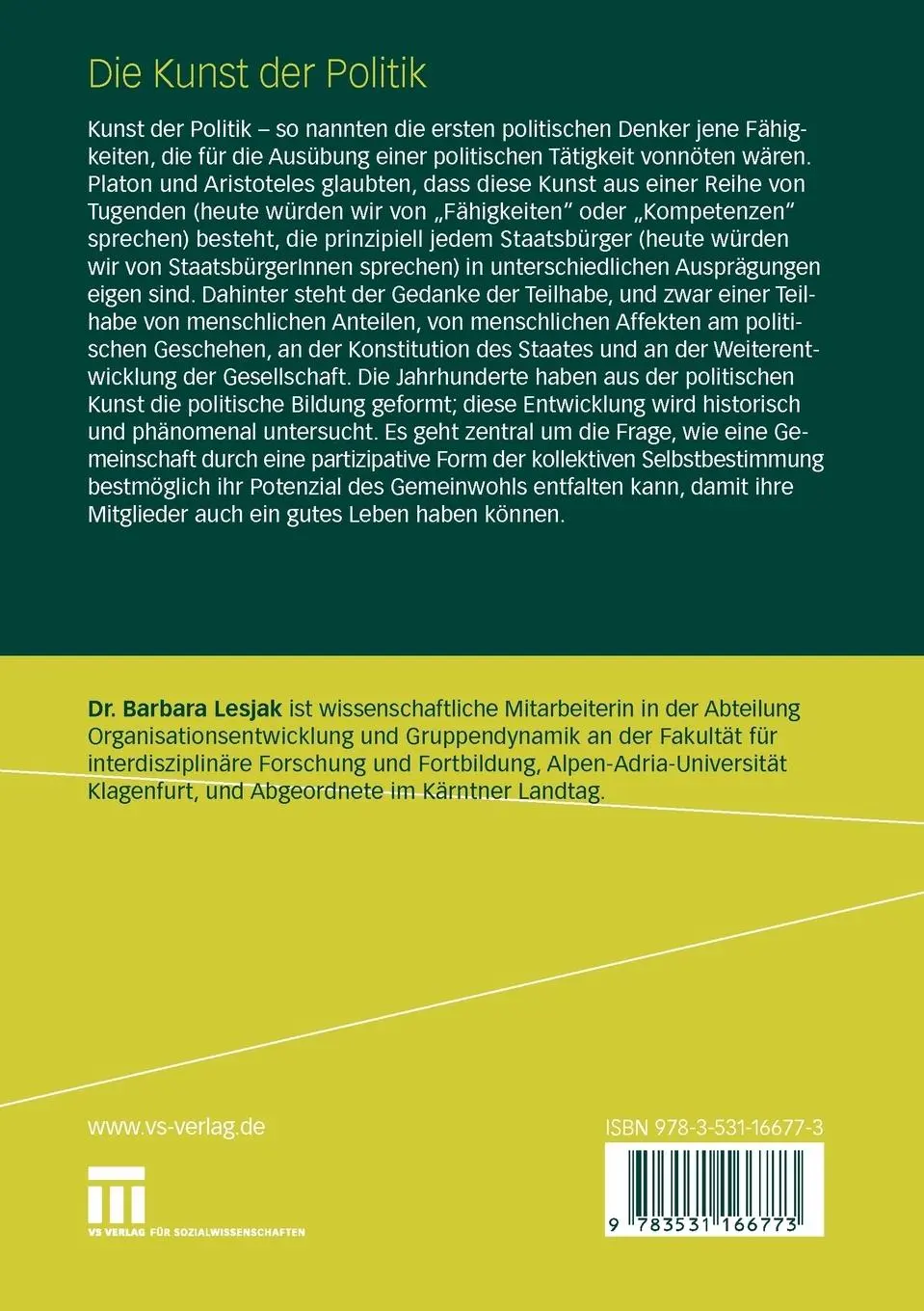 Rückseite: 9783531166773 | Die Kunst der Politik | Barbara Lesjak | Taschenbuch | 257 S. | 2009
