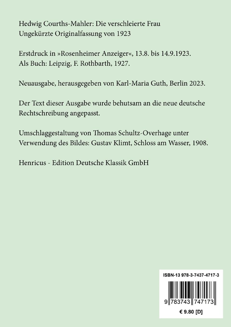 Rückseite: 9783743747173 | Die verschleierte Frau | Ungekürzte Originalfassung von 1923 | Buch