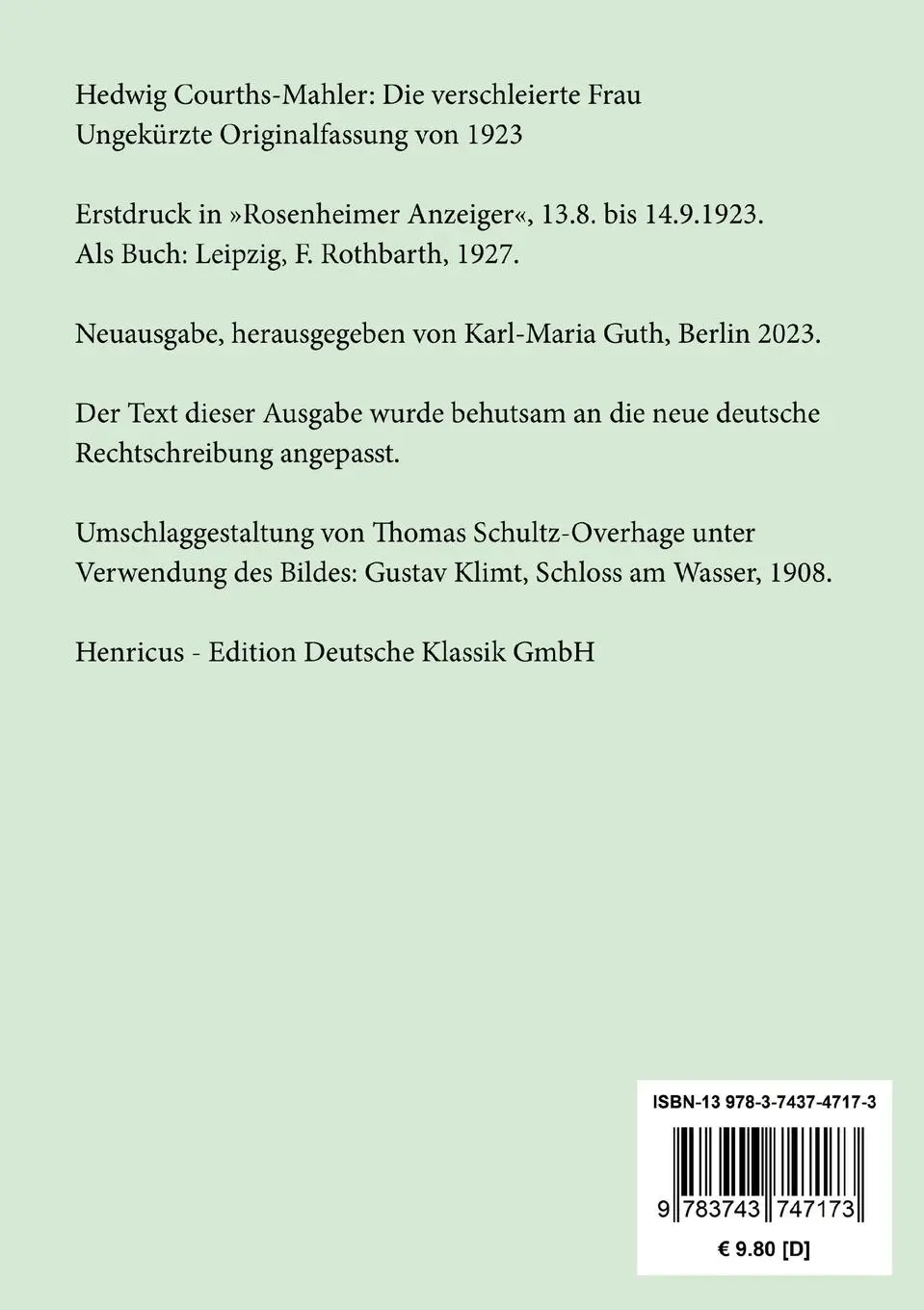 Rückseite: 9783743747173 | Die verschleierte Frau | Ungekürzte Originalfassung von 1923 | Buch