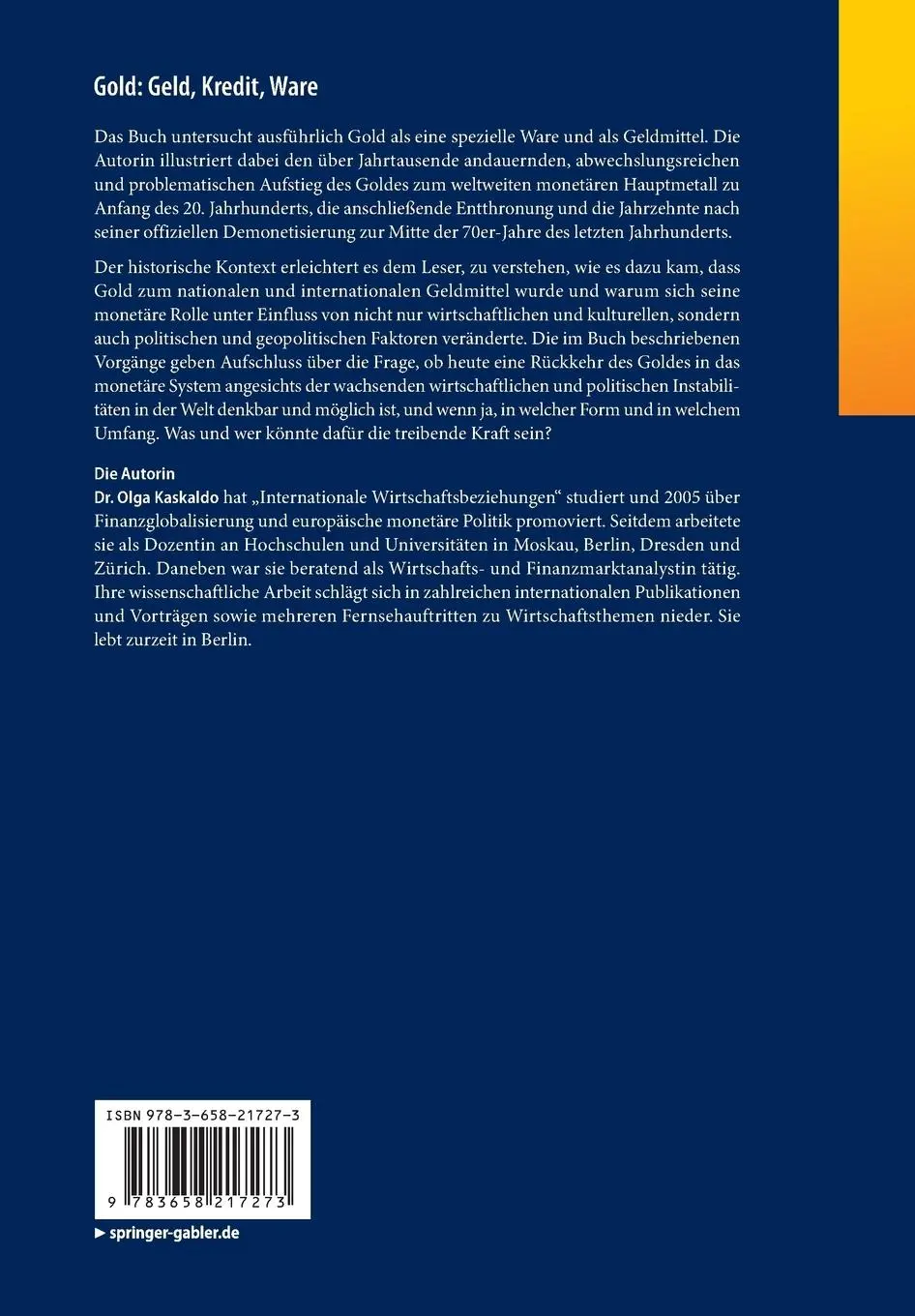 Rückseite: 9783658217273 | Gold: Geld, Kredit, Ware | Olga Kaskaldo | Taschenbuch | viii | 2018