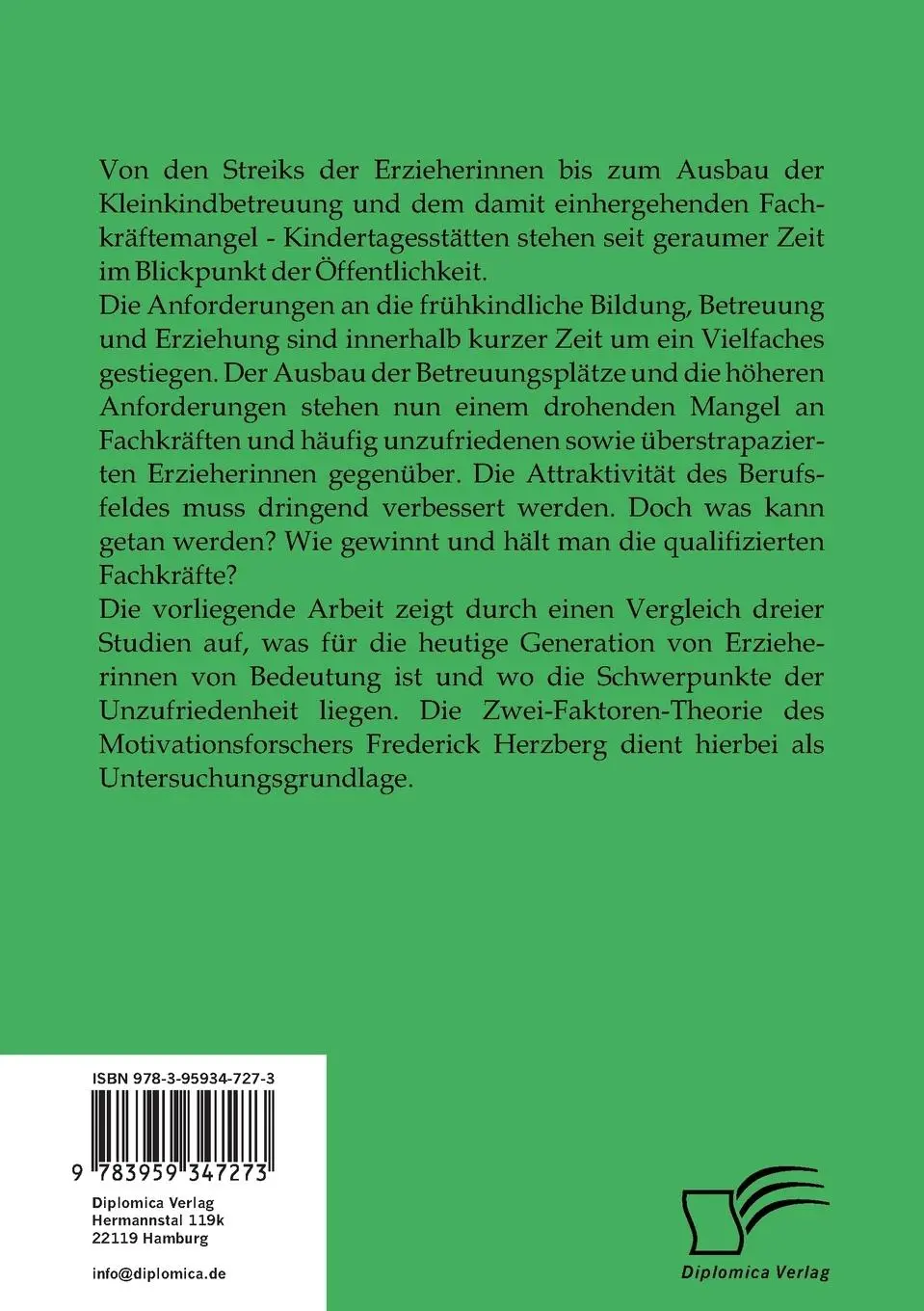 Rückseite: 9783959347273 | Motivation und Zufriedenheit von Erzieherinnen und Erziehern: Wie...