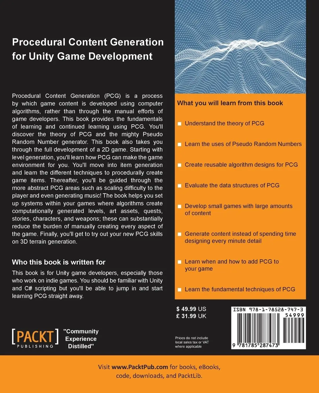 Rückseite: 9781785287473 | Procedural Content Generation for Unity Game Development | Watkins