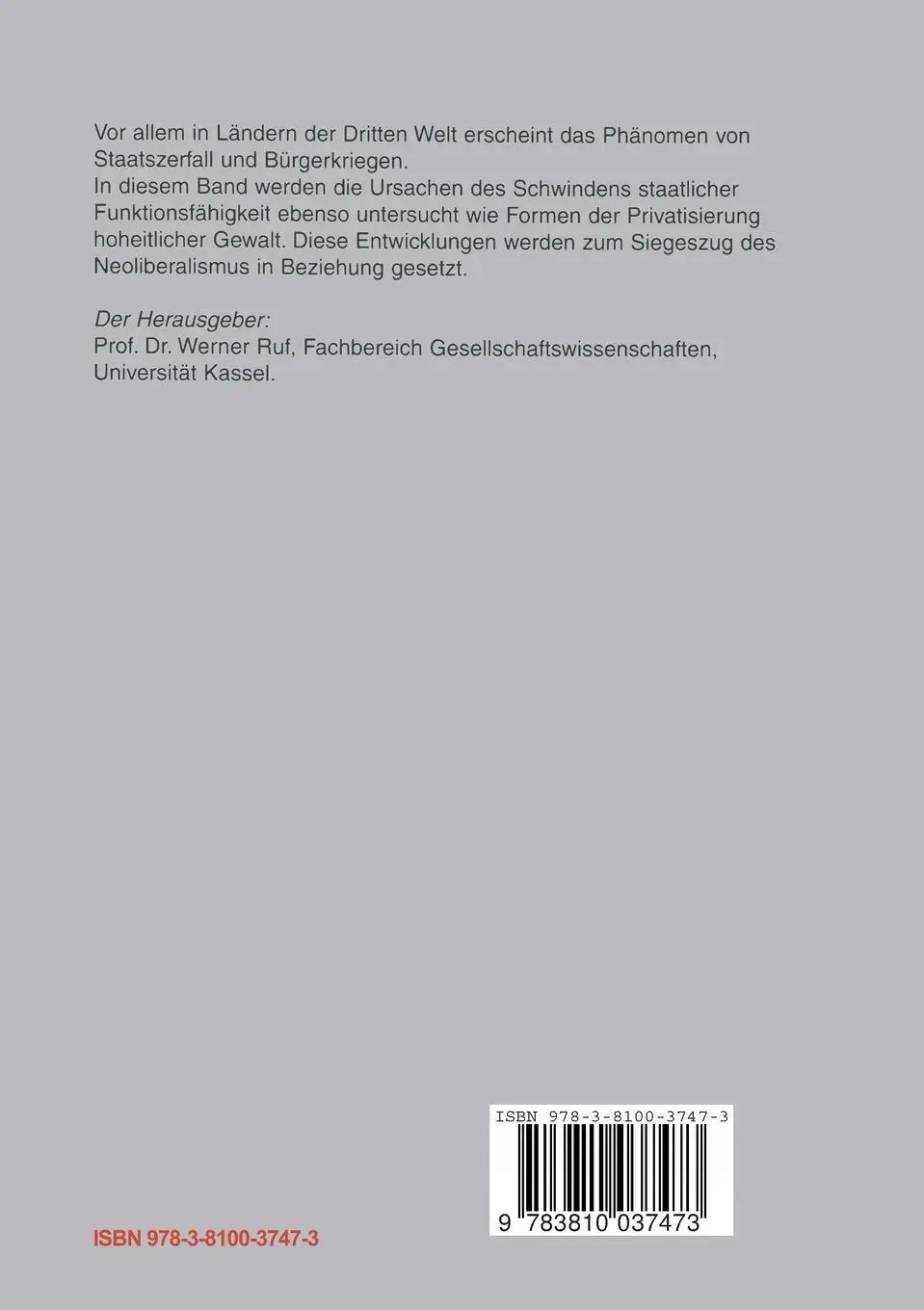 Rückseite: 9783810037473 | Politische Ökonomie der Gewalt | Werner Ruf | Taschenbuch | 388 S.