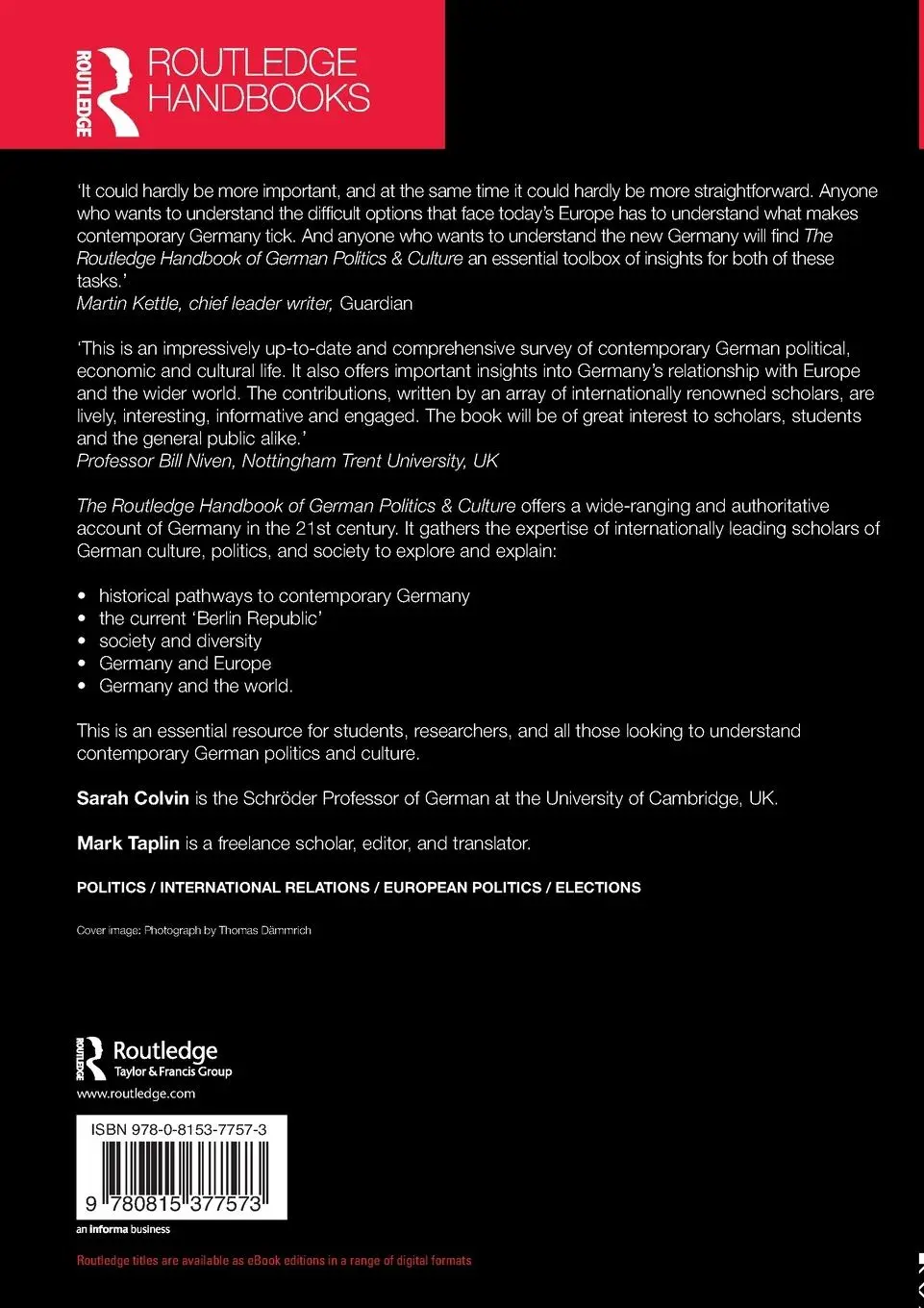 Rückseite: 9780815377573 | The Routledge Handbook of German Politics &amp; Culture | Sarah Colvin