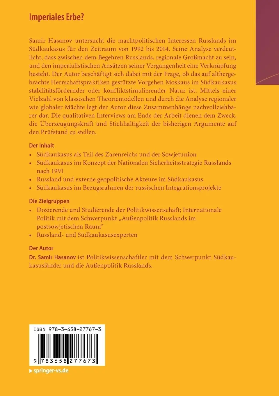 Rückseite: 9783658277673 | Imperiales Erbe? | Samir Hasanov | Taschenbuch | xiv | Deutsch | 2019