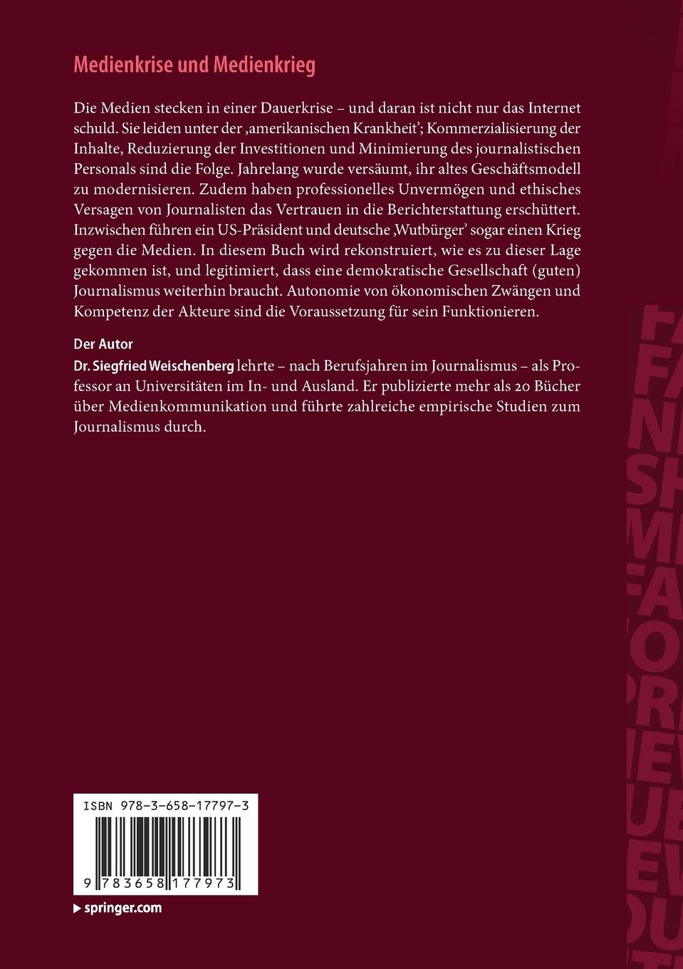 Rückseite: 9783658177973 | Medienkrise und Medienkrieg | Siegfried Weischenberg | Taschenbuch