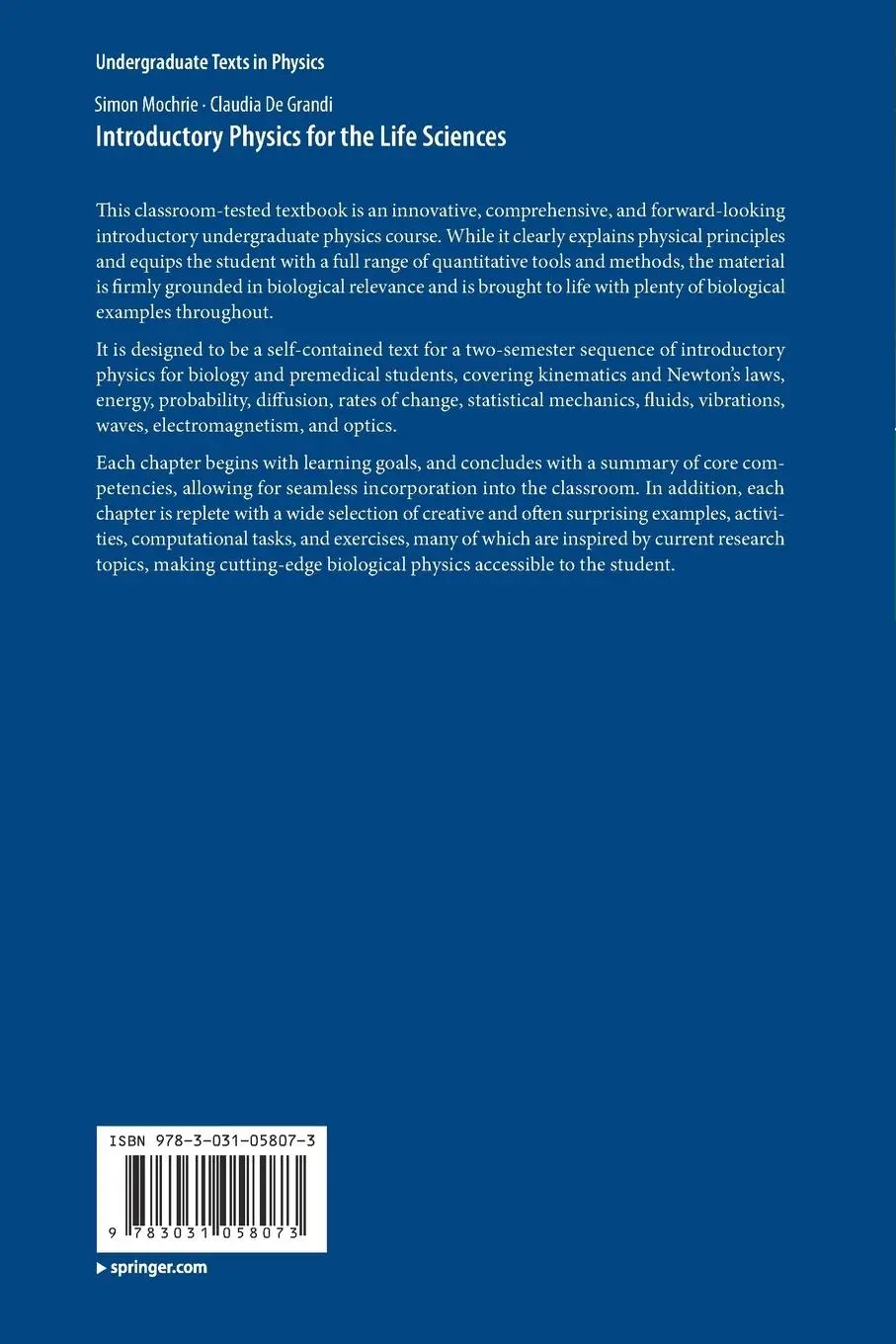 Rückseite: 9783031058073 | Introductory Physics for the Life Sciences | Claudia de Grandi (u. a.)
