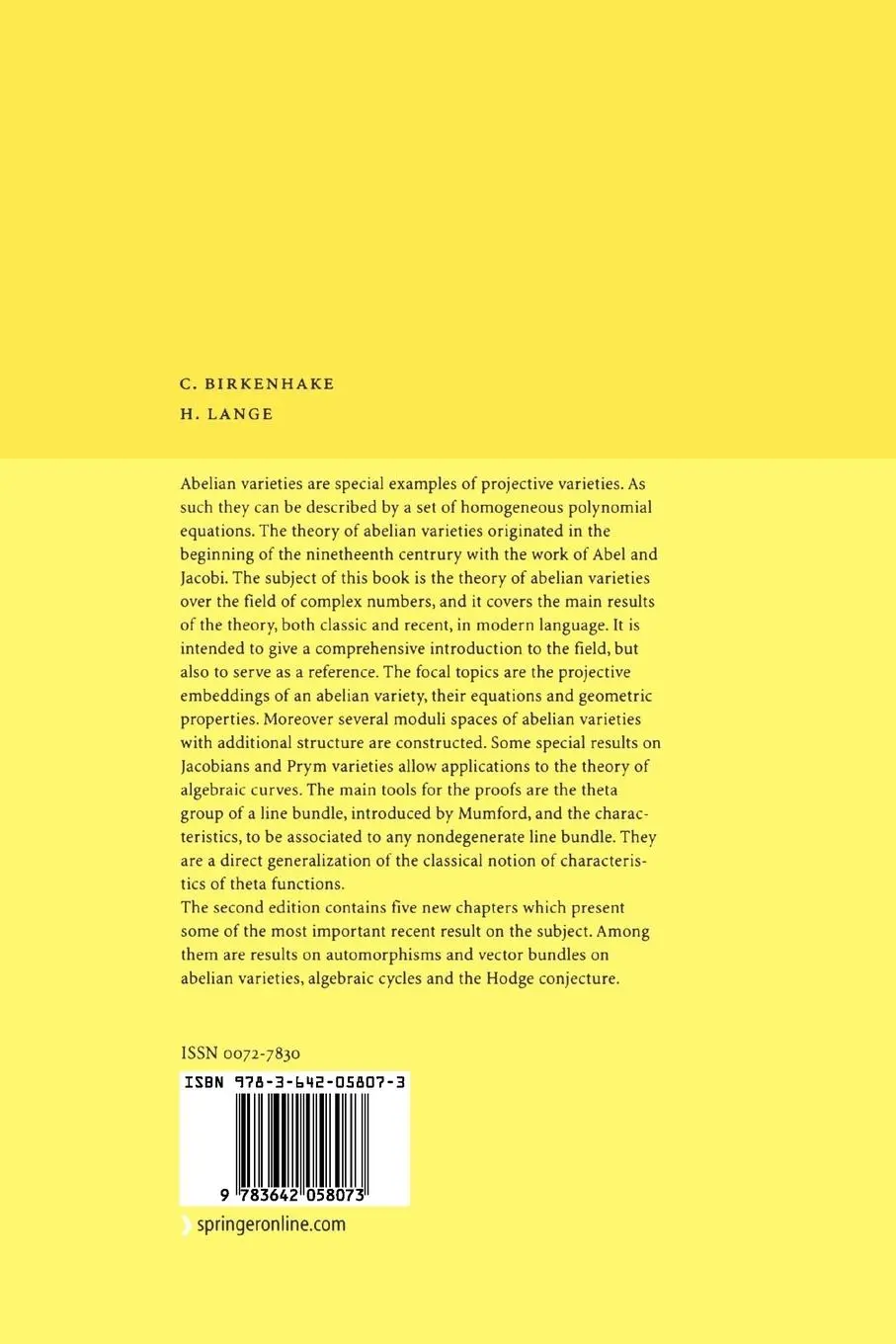 Rückseite: 9783642058073 | Complex Abelian Varieties | Herbert Lange (u. a.) | Taschenbuch | xi