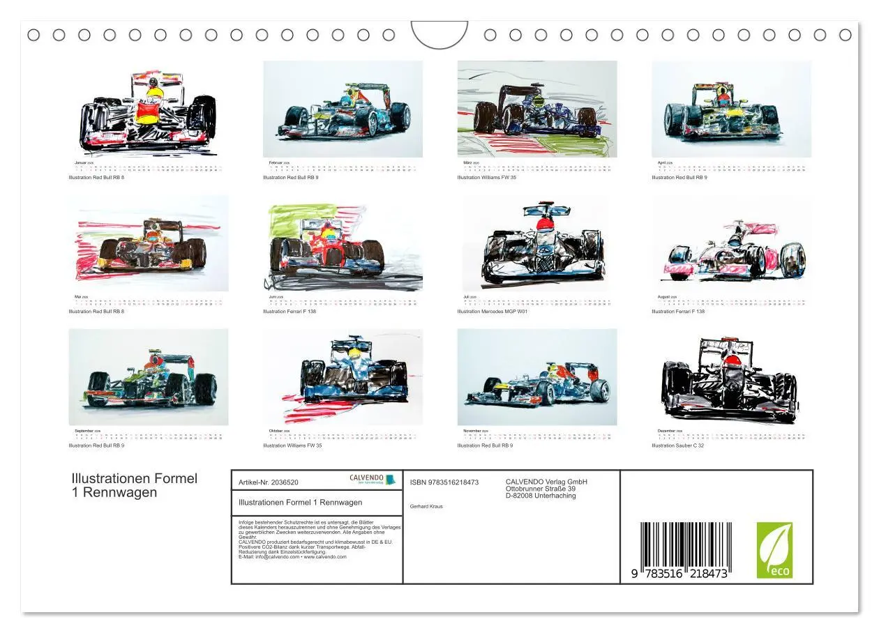 Bild: 9783516218473 | Illustrationen Formel 1 Rennwagen (Wandkalender 2026 DIN A4 quer),...
