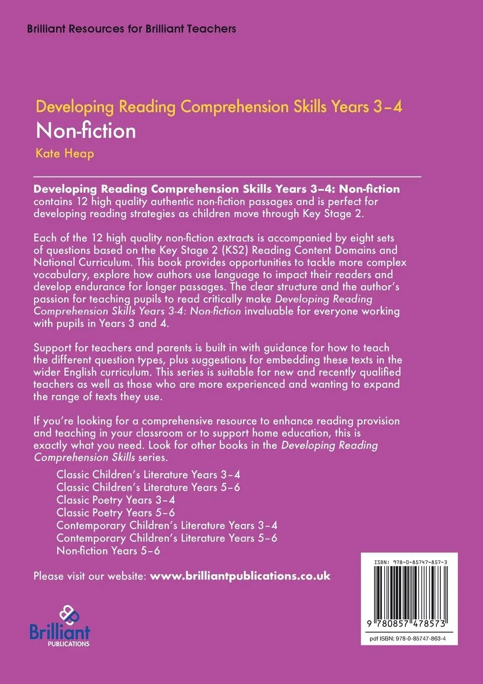 Rückseite: 9780857478573 | Developing Reading Comprehension Skills Years 3-4 | Non-fiction | Heap