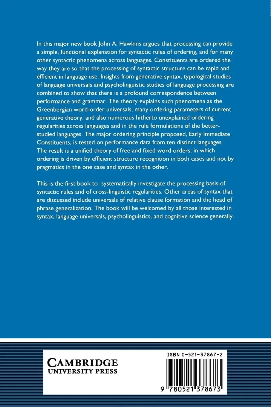 Rückseite: 9780521378673 | A Performance Theory of Order and Constituency | John A. Hawkins