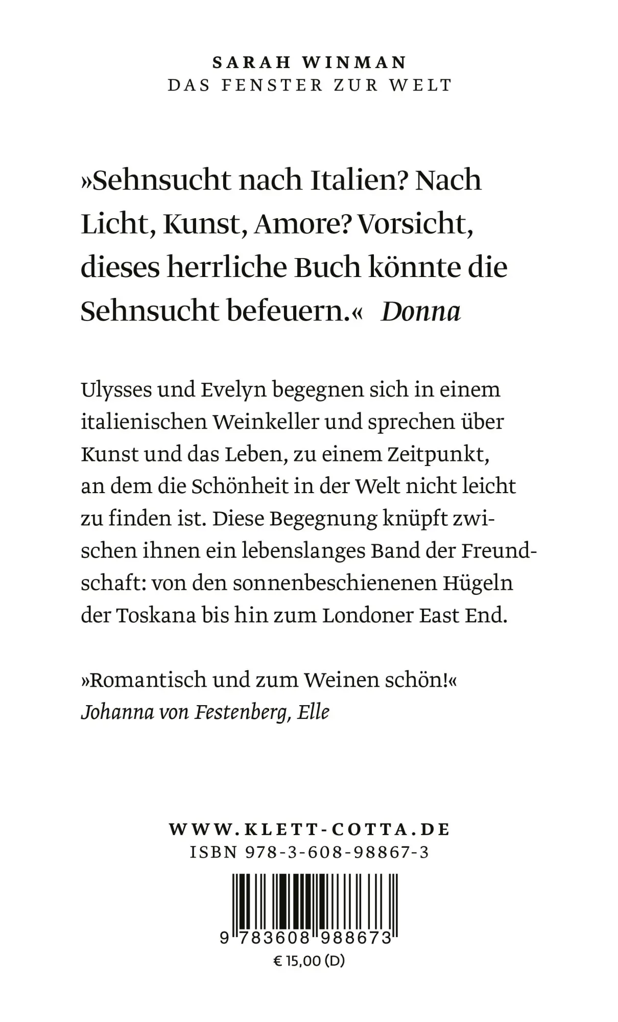 Rückseite: 9783608988673 | Das Fenster zur Welt | Roman | Sarah Winman | Taschenbuch | 528 S.