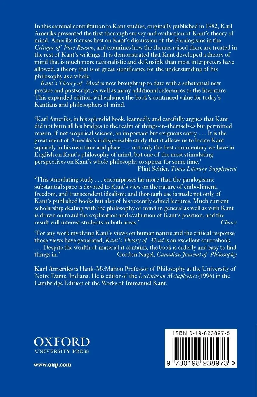 Rückseite: 9780198238973 | Kant's Theory of Mind | An Analysis of the Paralogisms of Pure Reason