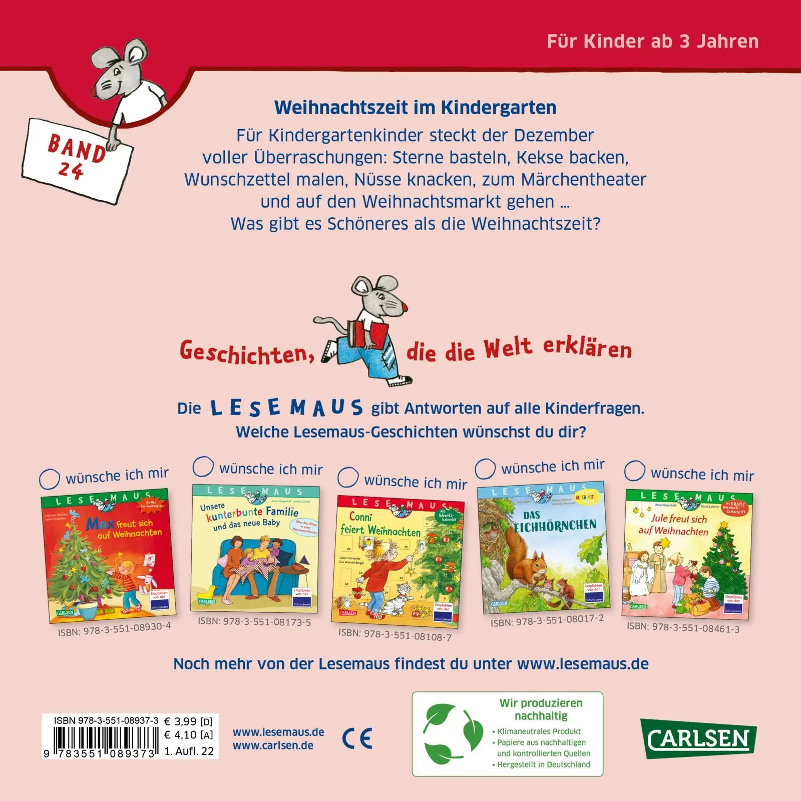Rückseite: 9783551089373 | LESEMAUS 24: Weihnachtszeit im Kindergarten | Anna Wagenhoff | Buch