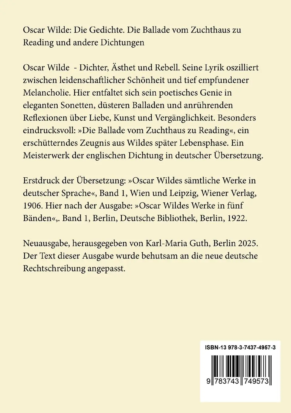 Rückseite: 9783743749573 | Die Gedichte | Oscar Wilde | Taschenbuch | 176 S. | Deutsch | 2025