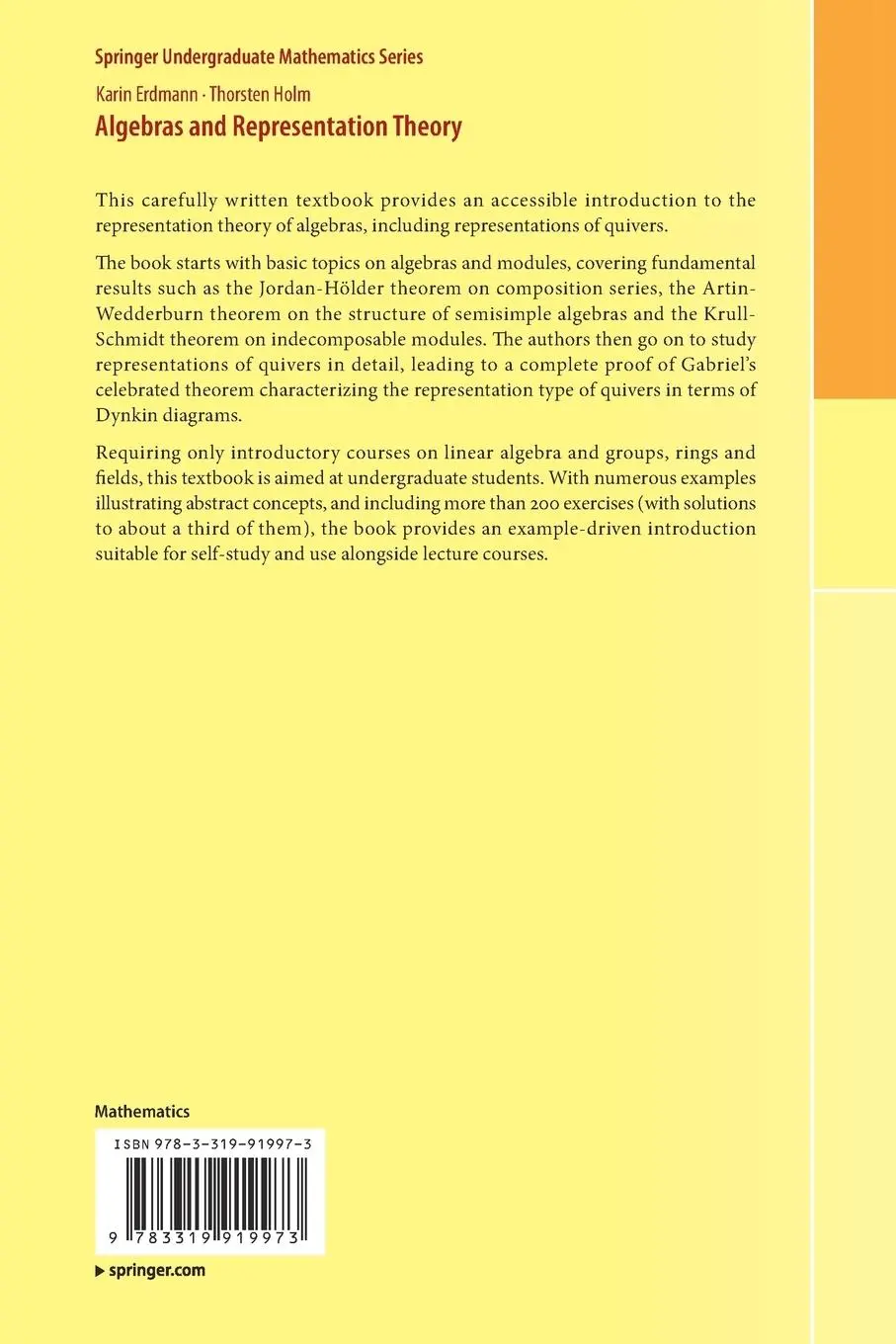 Rückseite: 9783319919973 | Algebras and Representation Theory | Thorsten Holm (u. a.) | Buch | ix