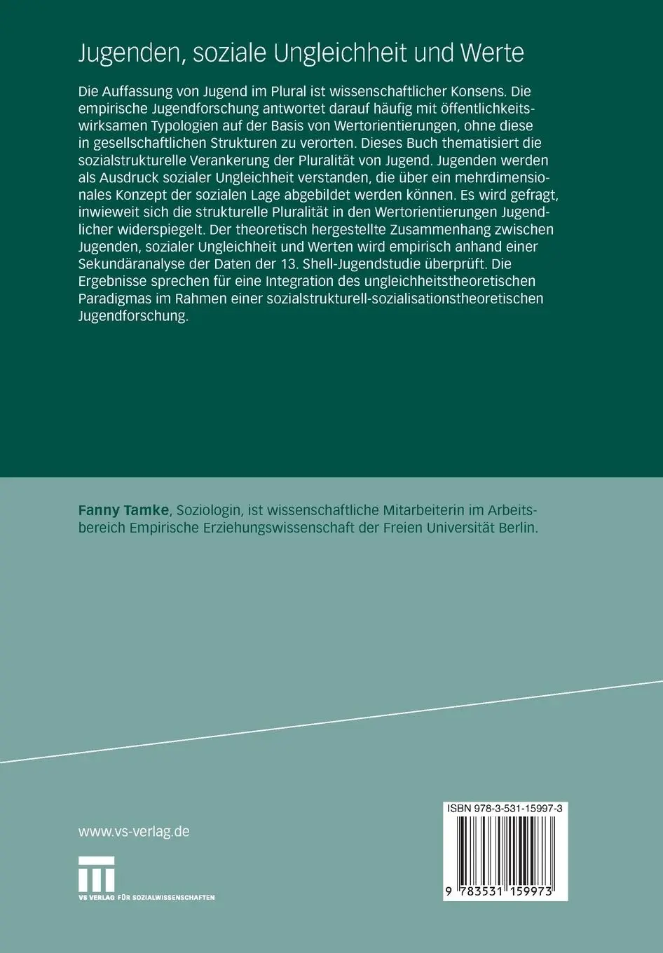 Rückseite: 9783531159973 | Jugenden, soziale Ungleichheit und Werte | Fanny Tamke | Taschenbuch