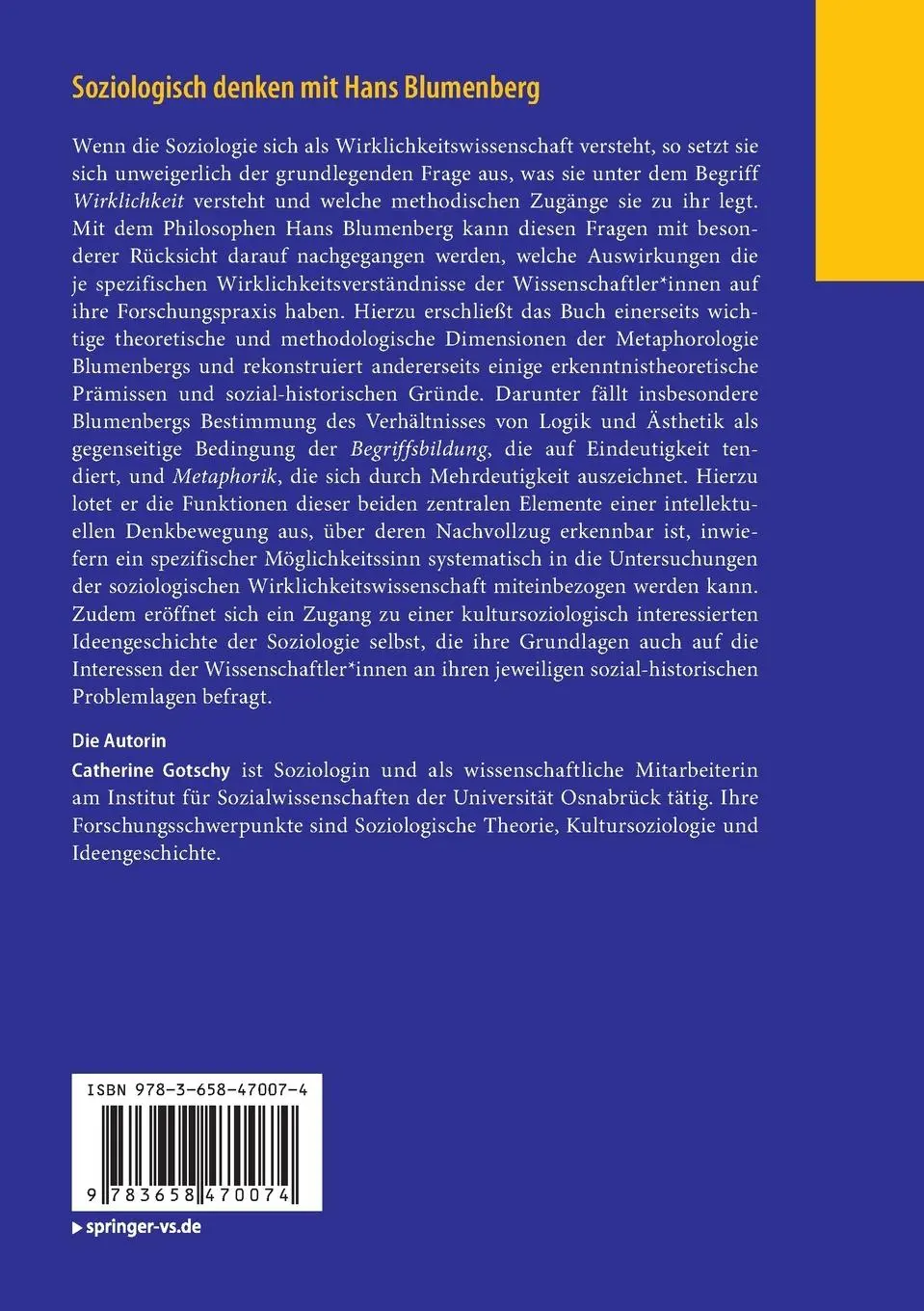 Rückseite: 9783658470074 | Soziologisch denken mit Hans Blumenberg | Catherine Gotschy | Buch | x