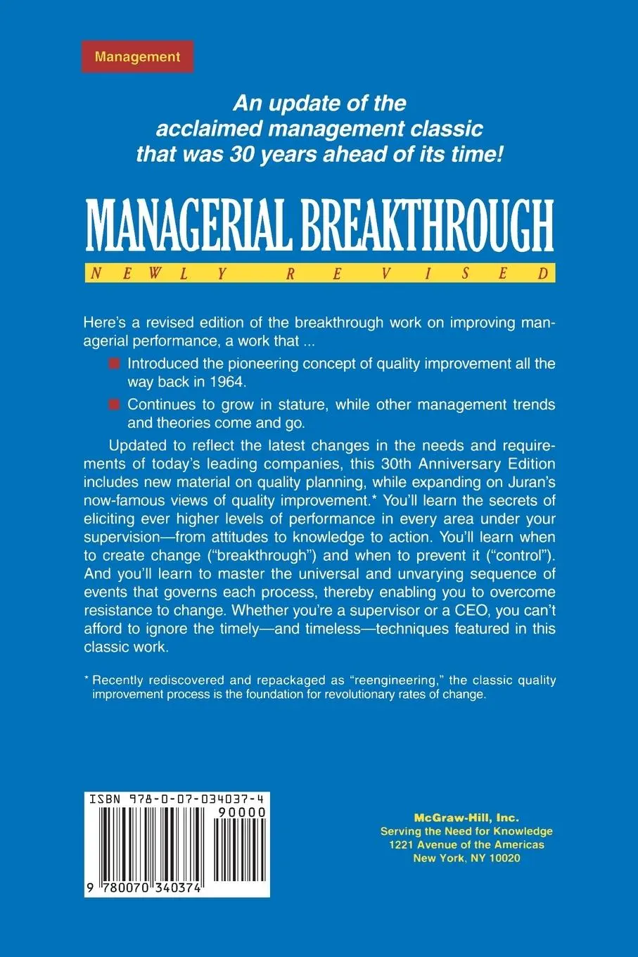 Rückseite: 9780070340374 | Managerial Breakthrough | J M Juran (u. a.) | Taschenbuch | Englisch