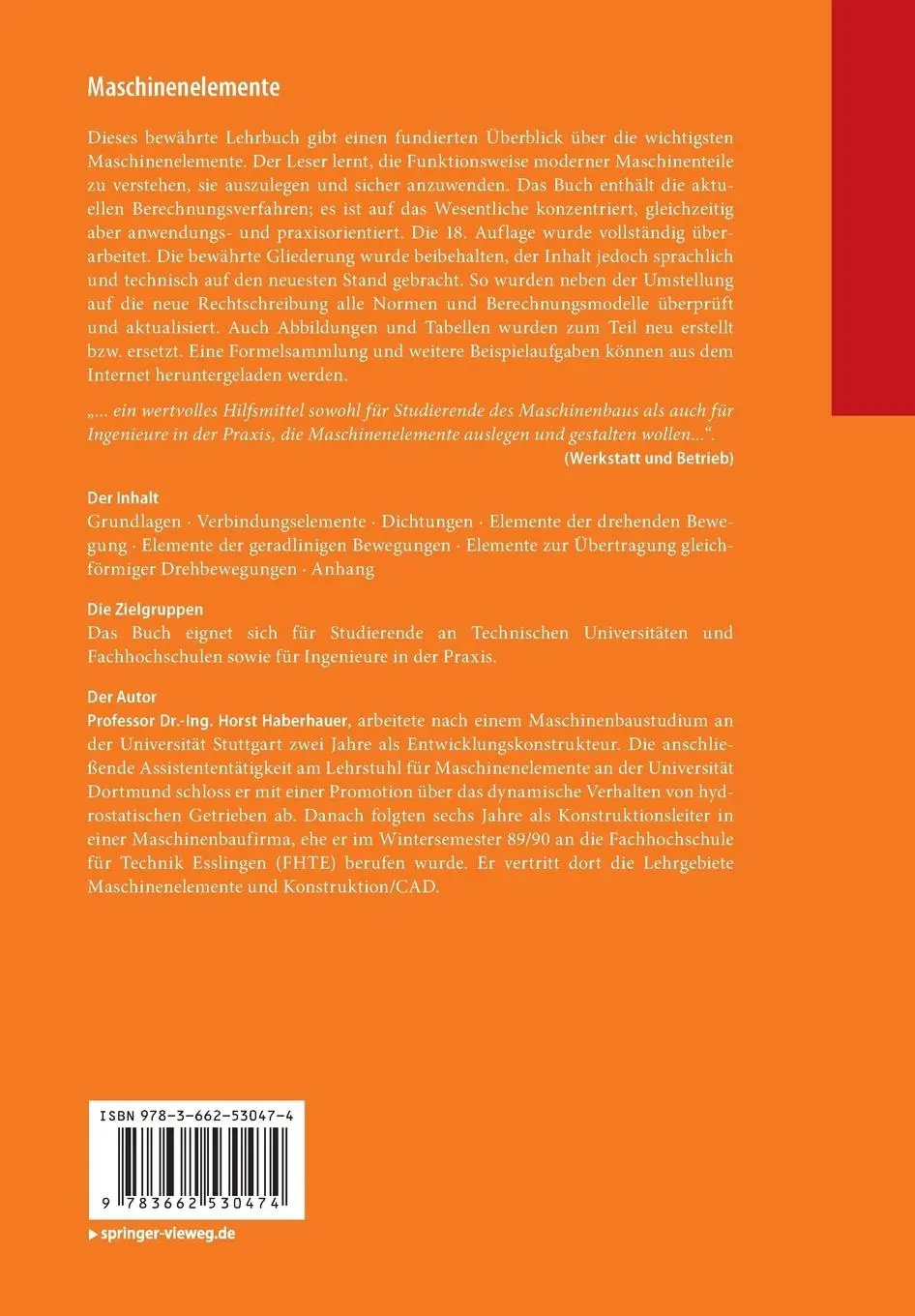 Rückseite: 9783662530474 | Maschinenelemente | Gestaltung, Berechnung, Anwendung | Haberhauer
