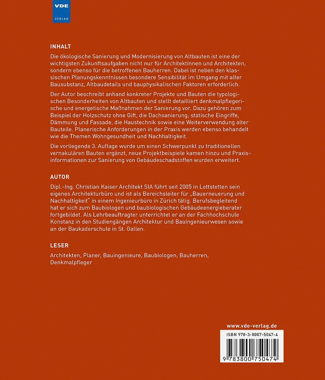 Rückseite: 9783800750474 | Ökologische Altbausanierung | Christian Kaiser | Buch | 232 S. | 2020
