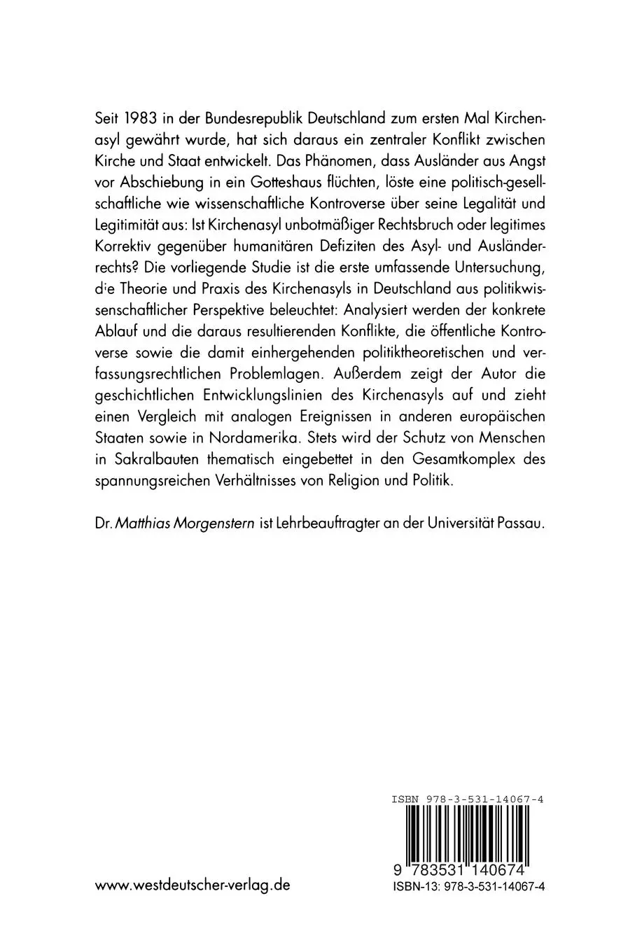 Rückseite: 9783531140674 | Kirchenasyl in der Bundesrepublik Deutschland | Matthias Morgenstern