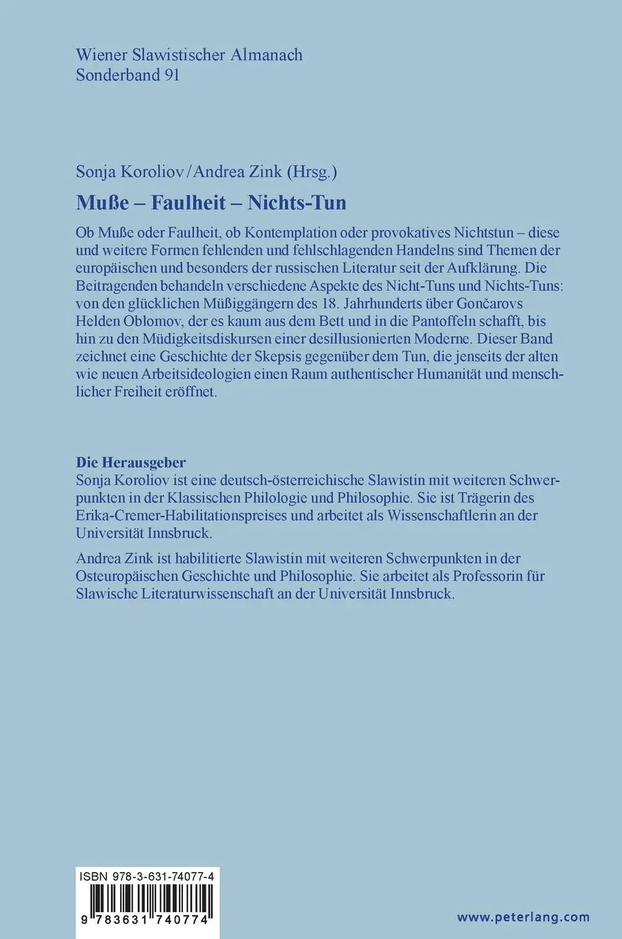 Rückseite: 9783631740774 | Muße - Faulheit - Nichtstun | Sonja Koroliov (u. a.) | Buch | Deutsch