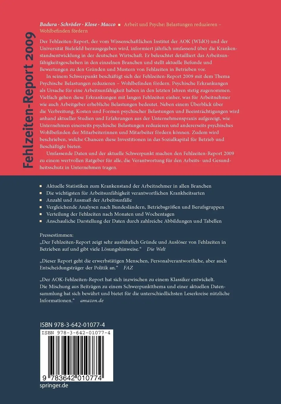 Rückseite: 9783642010774 | Fehlzeiten-Report 2009 | Bernhard Badura (u. a.) | Taschenbuch | xiv