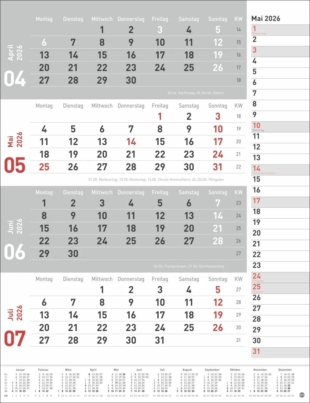 Bild: 9783756410774 | 4-Monats-Planer, rot 2026 | Heye | Kalender | Bürokalender Heye | 2026