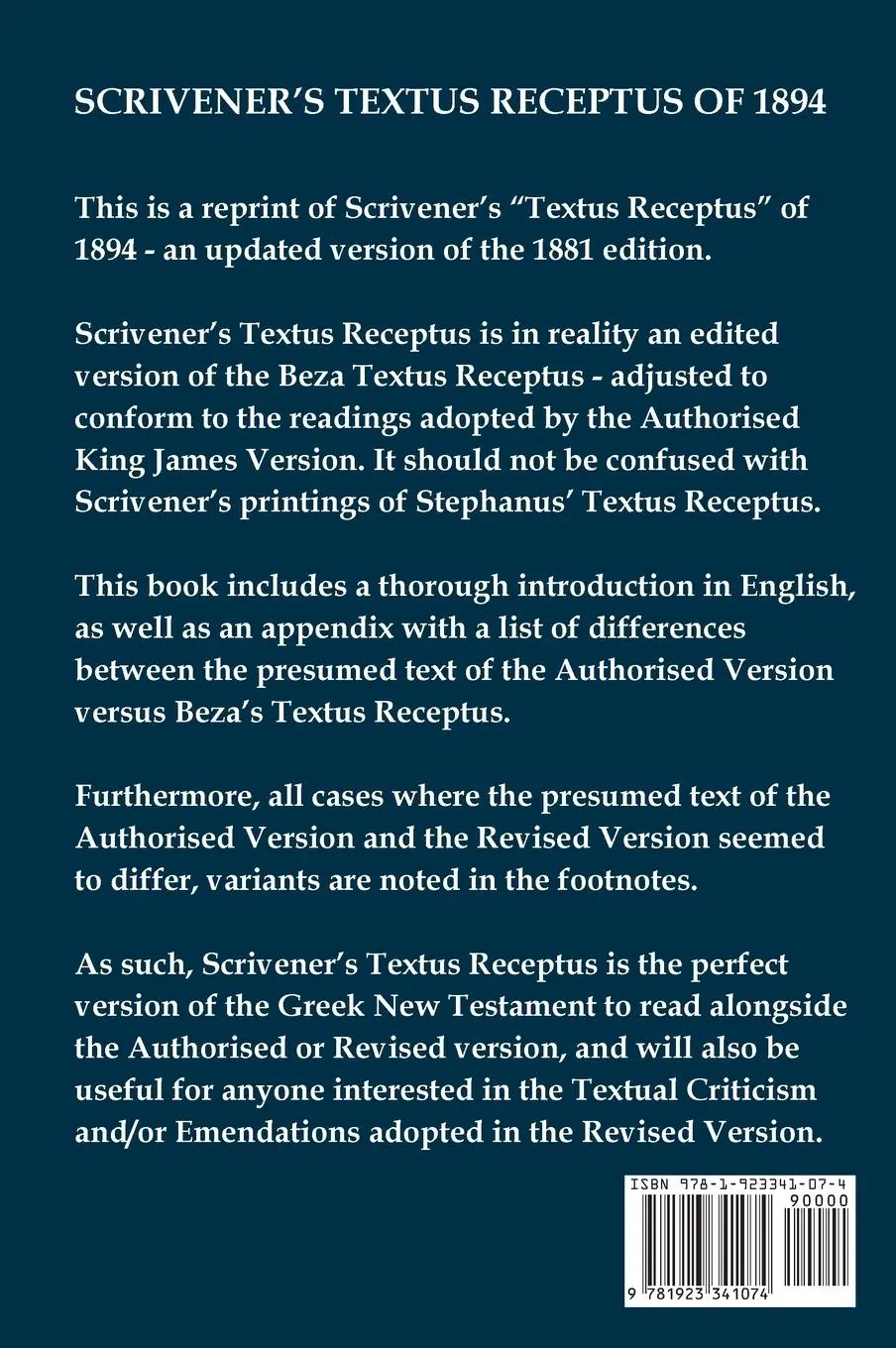 Rückseite: 9781923341074 | Scrivener's Textus Receptus of 1894 | Beza | Buch | 2024