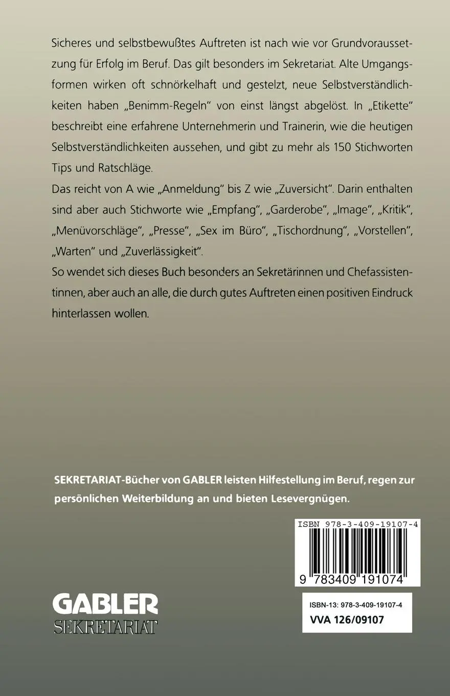 Rückseite: 9783409191074 | Etikette | Ingrid Wichardt-Laub | Taschenbuch | 200 S. | Deutsch