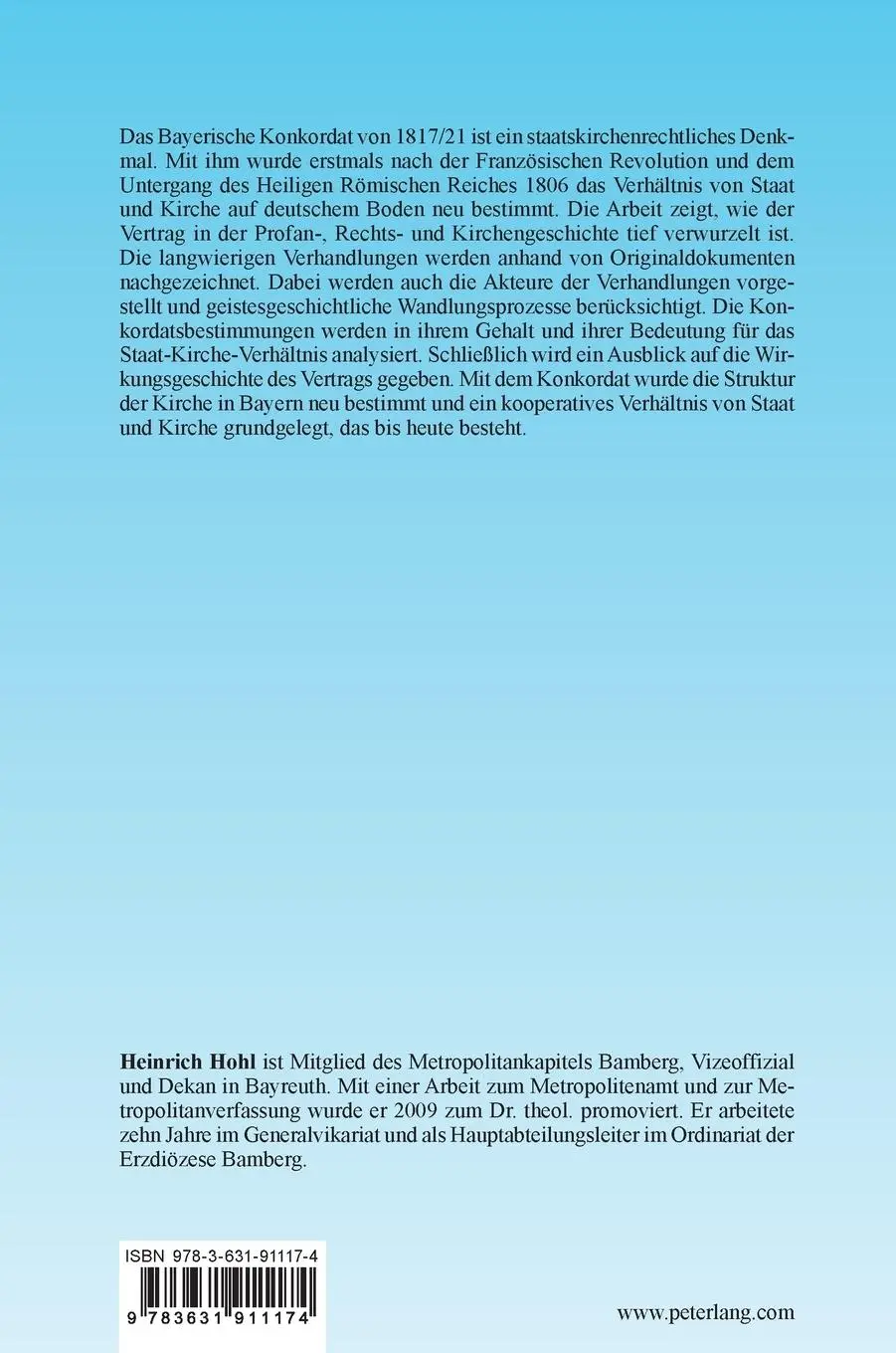 Rückseite: 9783631911174 | Das Bayerische Konkordat von 1817/21 | Heinrich Hohl | Buch | 902 S.
