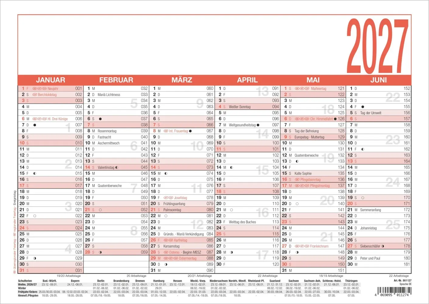 Cover: 4069095011274 | Arbeitstagekalender A4 2027 | Kalender | 1 S. | Deutsch | 2027