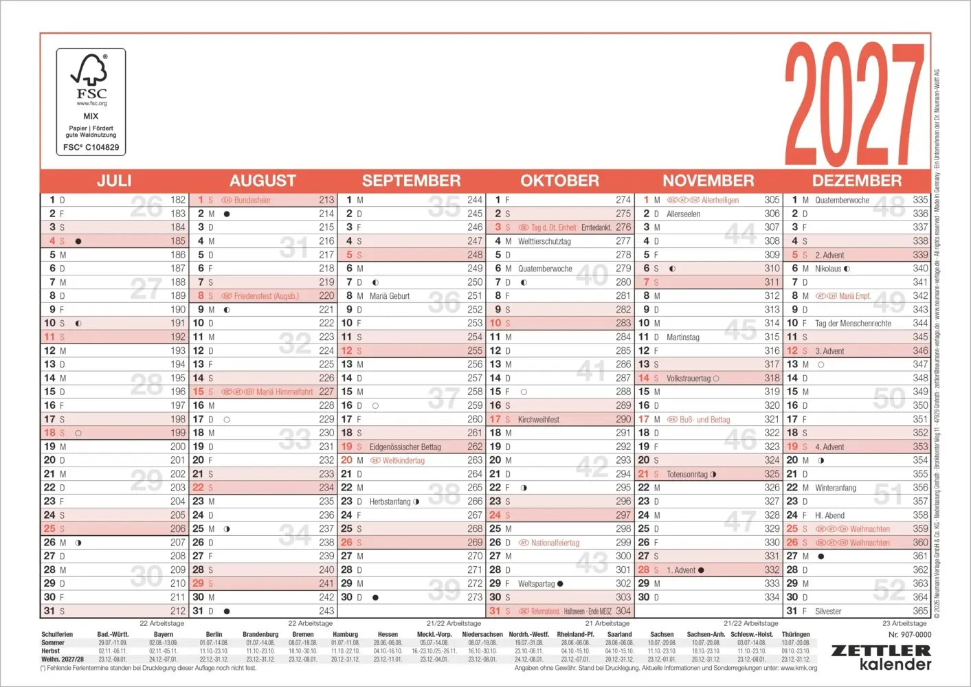 Bild: 4069095011274 | Arbeitstagekalender A4 2027 | Kalender | 1 S. | Deutsch | 2027