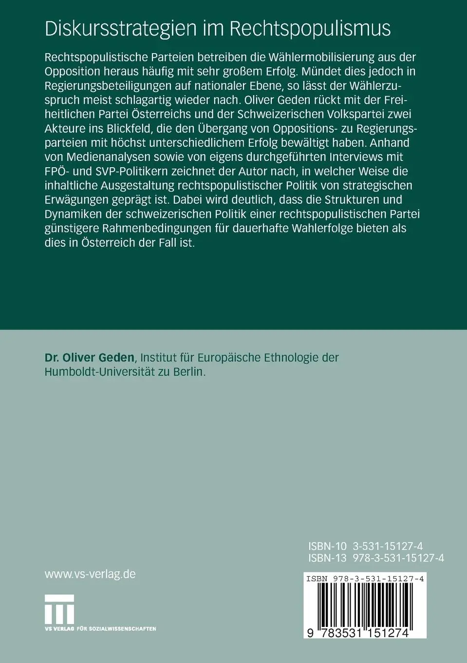 Rückseite: 9783531151274 | Diskursstrategien im Rechtspopulismus | Oliver Geden | Taschenbuch