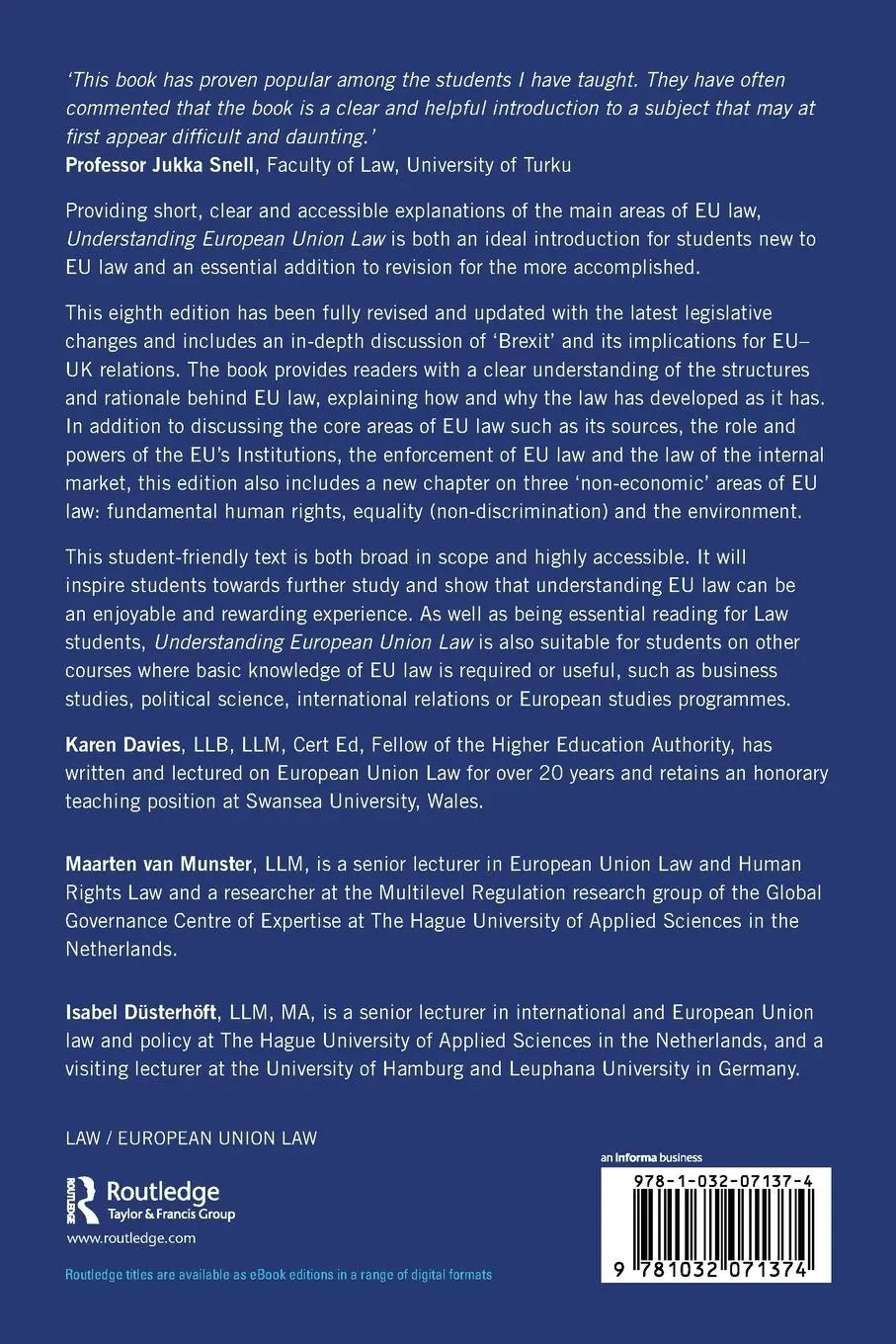 Rückseite: 9781032071374 | Understanding European Union Law | Karen Davies (u. a.) | Taschenbuch