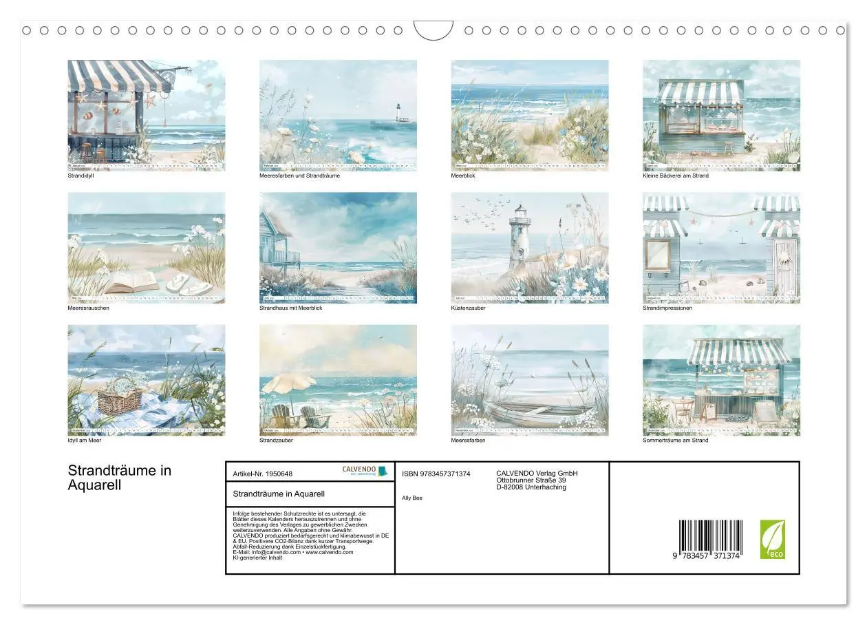 Bild: 9783457371374 | Strandträume in Aquarell (Wandkalender 2026 DIN A3 quer), CALVENDO...