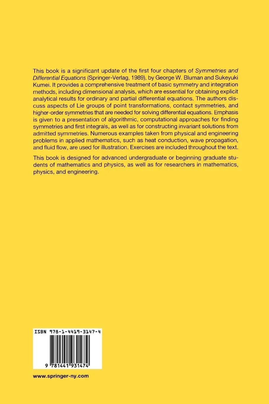 Rückseite: 9781441931474 | Symmetry and Integration Methods for Differential Equations | Buch | x