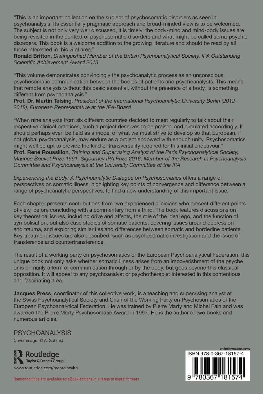 Rückseite: 9780367181574 | Experiencing the Body | A Psychoanalytic Dialogue on Psychosomatics