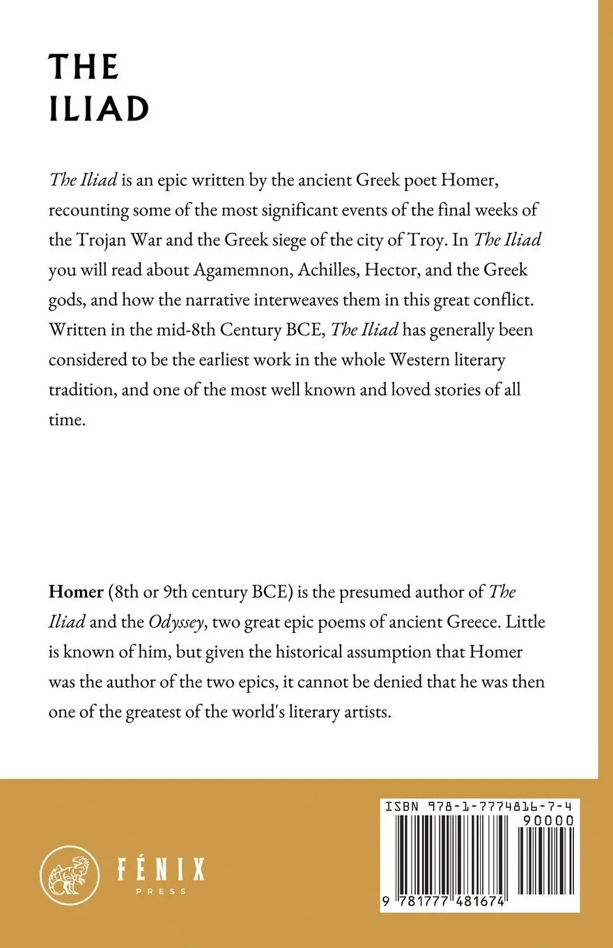 Rückseite: 9781777481674 | The Iliad | Homer | Taschenbuch | Englisch | 2023 | Fénix Press
