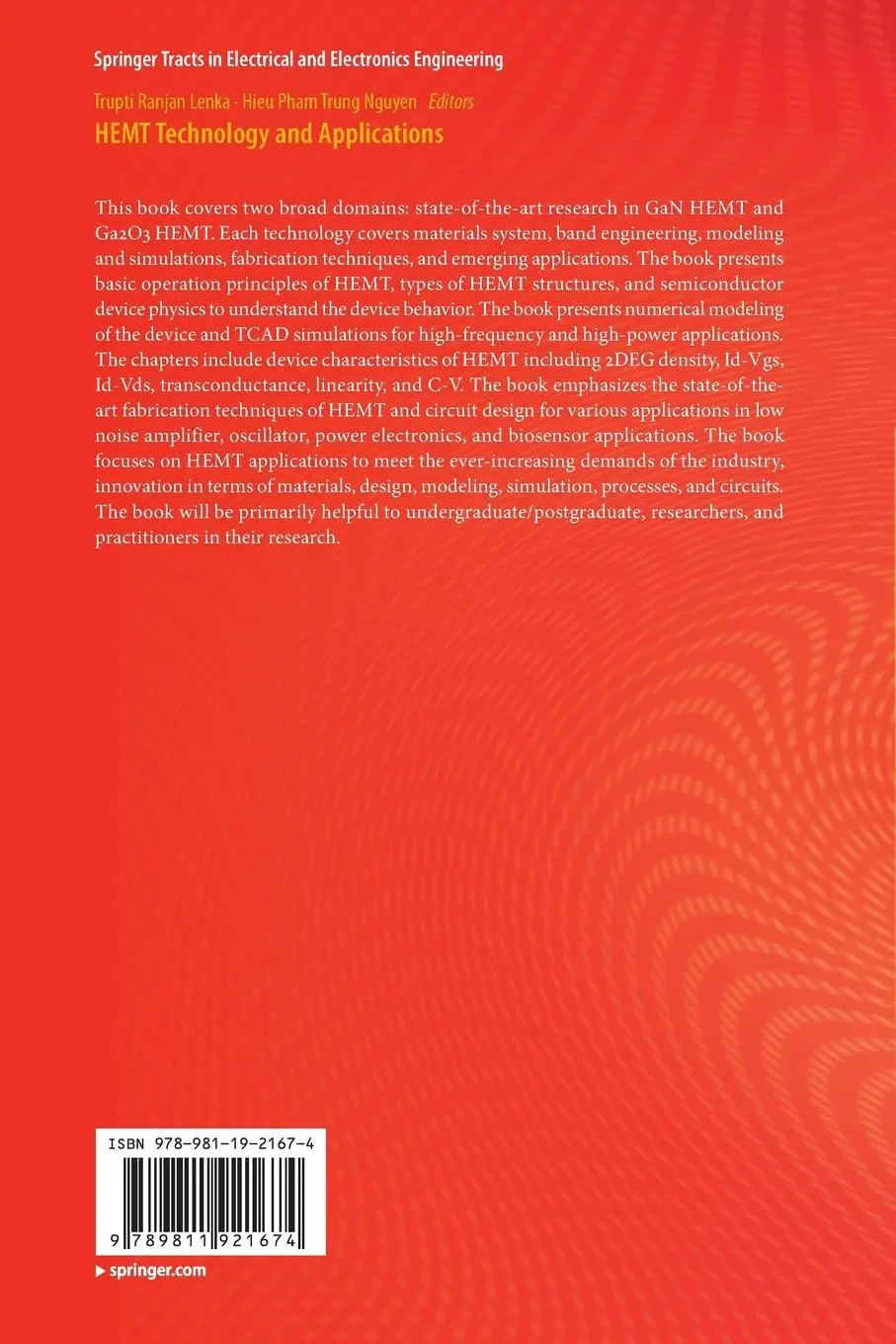 Rückseite: 9789811921674 | HEMT Technology and Applications | Trupti Ranjan Lenka (u. a.) | Buch