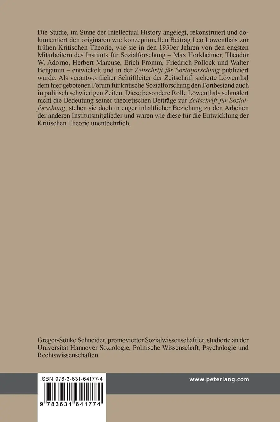 Rückseite: 9783631641774 | Keine Kritische Theorie ohne Leo Löwenthal | Gregor-Sönke Schneider