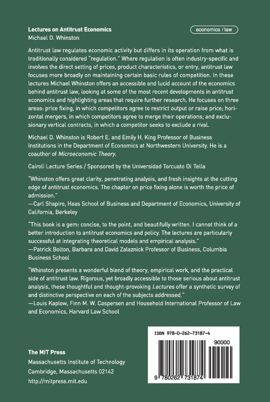Rückseite: 9780262731874 | Lectures on Antitrust Economics | Michael D. Whinston | Taschenbuch