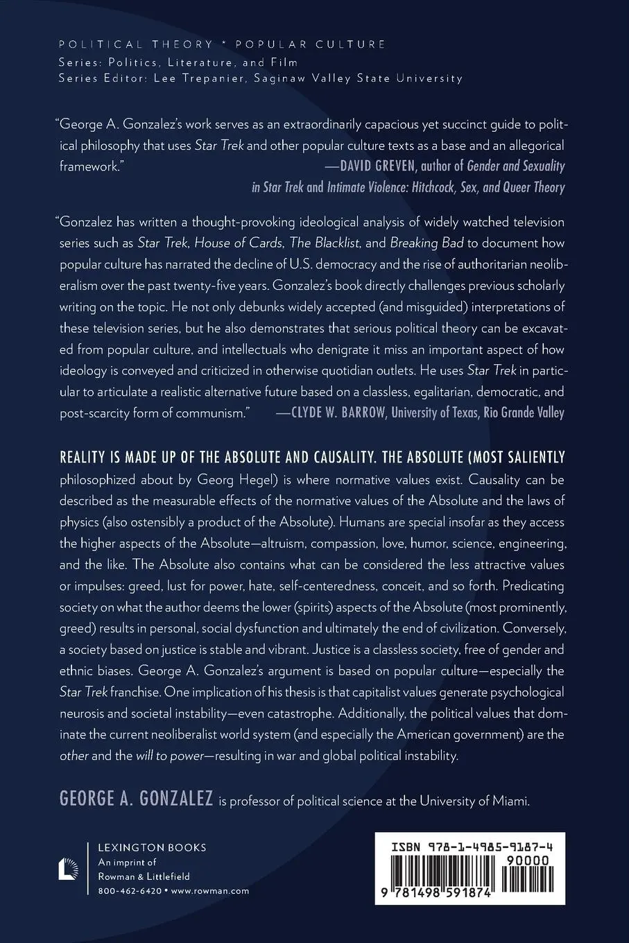 Rückseite: 9781498591874 | Popular Culture and the Political Values of Neoliberalism | Gonzalez